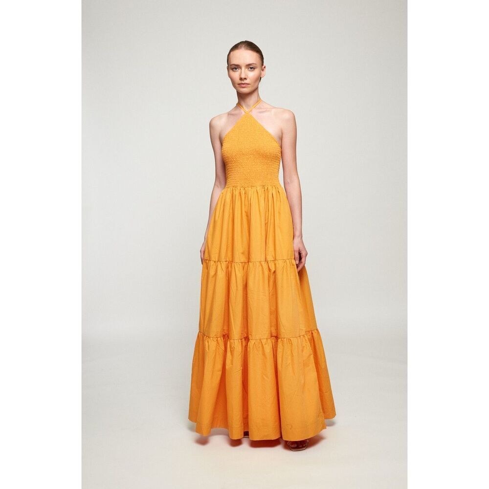 S/W/F Tiered Halter Dress Color: Mustard Yellow Size S Wedding Guest Dress  prel